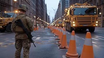 A soldier stands in the middle of a city street photo