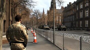 A soldier is standing in front of a fence photo