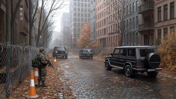 A soldier is walking down a street with a car photo
