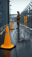 A man in a military uniform standing next to a barbed wire fence photo