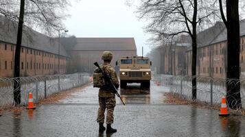 A soldier stands in front of a military vehicle photo