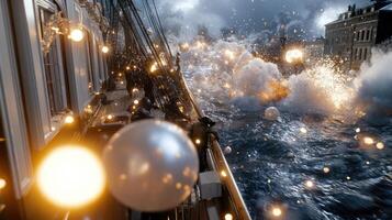 A ship is being hit by a wave of water photo