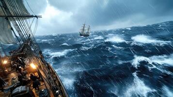 A sailing ship in rough seas with a storm photo