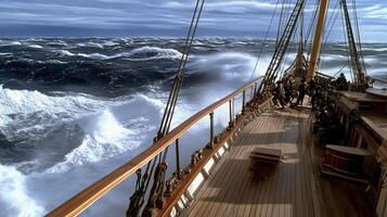 A view of the deck of a sailing ship in rough seas photo