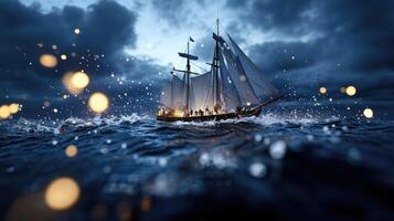 A sailboat in the ocean at night with lights photo