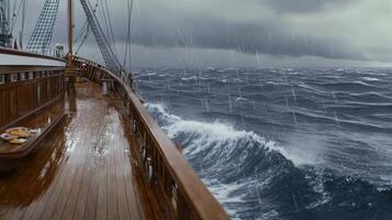 A view of the deck of a sailing ship in the ocean photo