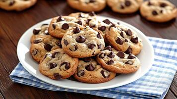 A plate of chocolate chip cookies on a table photo