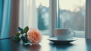 Coffee and rose on a table by a window photo