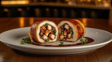 A plate with a chicken wrapped in bacon on it photo