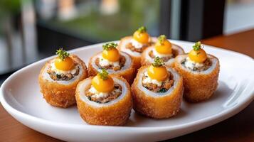 A plate of sushi rolls with meat and vegetables photo