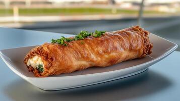 A large roll of food sitting on a plate photo