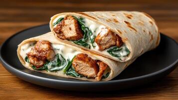 Chicken and spinach wrap on a black plate photo
