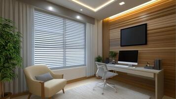 A modern home office with a desk, chair and computer photo