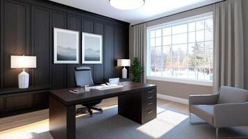 A home office with a desk and chair photo