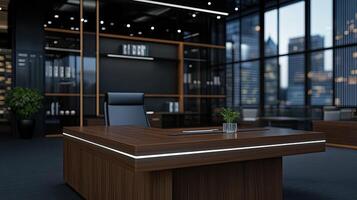Modern office with wooden desk and black chairs photo