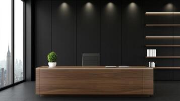 A modern office with black walls and a desk photo