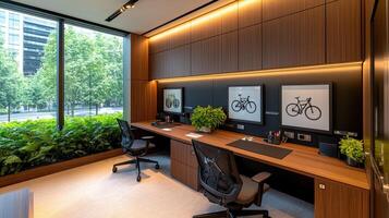 Office space with a bike on the wall photo