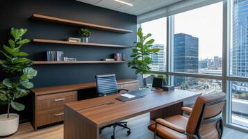Office space with black walls and wooden desk photo