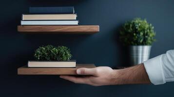 A person holding a book and a plant on a shelf photo