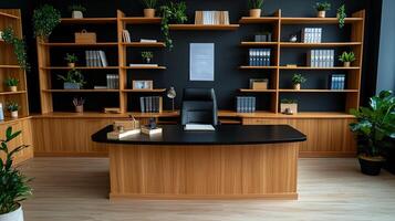 A home office with black walls and wooden floors photo