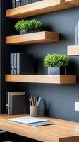 A desk with a shelf and a plant on it photo