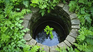 A small hole in the ground surrounded by green plants photo
