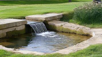 A small waterfall in a grassy area photo