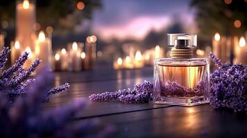 A bottle of perfume with lavender flowers on a wooden table photo