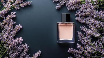 Lavender flowers on dark background with copy space for text photo