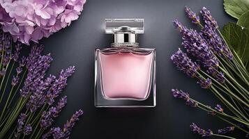A perfume bottle surrounded by lavender flowers photo