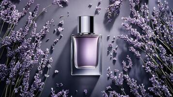A bottle of perfume surrounded by lavender flowers photo