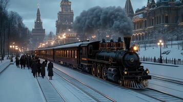 A steam train traveling down the tracks in front of a city photo