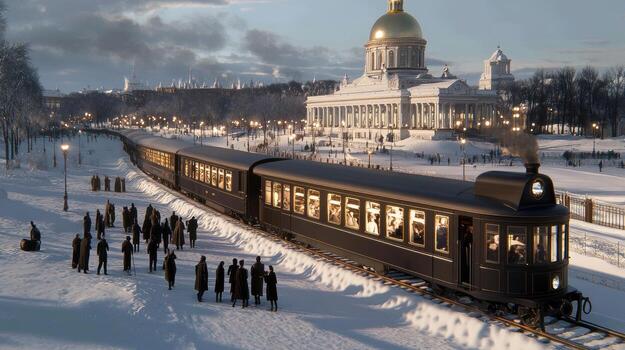 A train is traveling down the tracks in front of a building photo