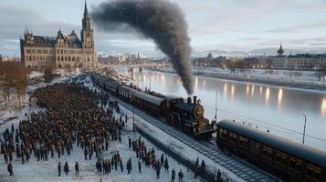 The train is coming down the tracks with people standing around it photo