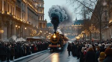 A crowd of people are standing on the street watching a steam train photo