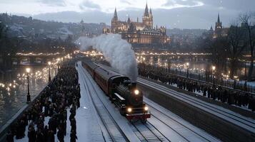A train is traveling down a snowy track with people on the tracks photo
