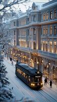 A trolley car is driving down a snowy street photo