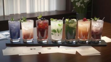 A table with six different drinks on it photo