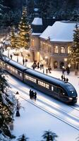A train traveling through a snowy town photo