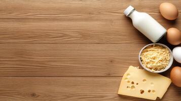 Cheese, eggs, milk and cheese on wooden table photo