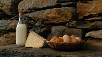 A bottle of milk and a basket of eggs photo
