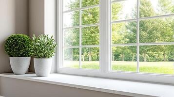A window with a green lawn and trees in front of it photo