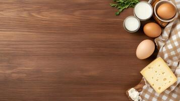 Cheese, eggs, milk and other ingredients on a wooden table photo