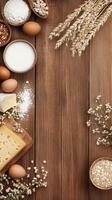 Various ingredients for baking on a wooden table photo