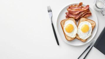 Bacon, eggs and coffee on a plate photo