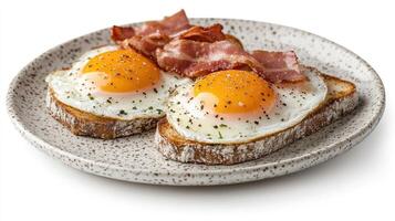 Two eggs on toast with bacon and a slice of ham photo