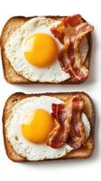 Two slices of bread with bacon and eggs photo