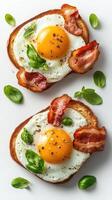 Fried eggs and bacon on toasted bread with basil leaves photo