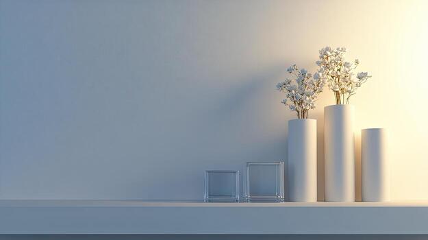 Three vases with flowers sitting on a shelf photo
