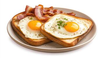 Two pieces of toast with eggs and bacon photo